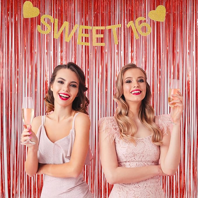 Foil Fringe Curtains Red Streamers Party Decorations - Melsan 3 Pack 3.2 x 8.2 ft red Fringe Backdrop Party Photo Backdrop for Back to School Birthday Party Baby Shower or Graduation Decorations