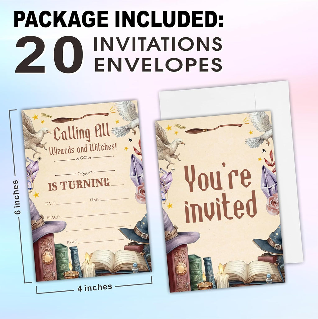 Watercolor Magical Theme Birthday Invitation Cards With Envelopes - Calling All Wizards And Witches - 20 Pcs Double-Sided Fill-In Birthday Invites For Teen, Boys Girls, Party Favor & Decorations - B19