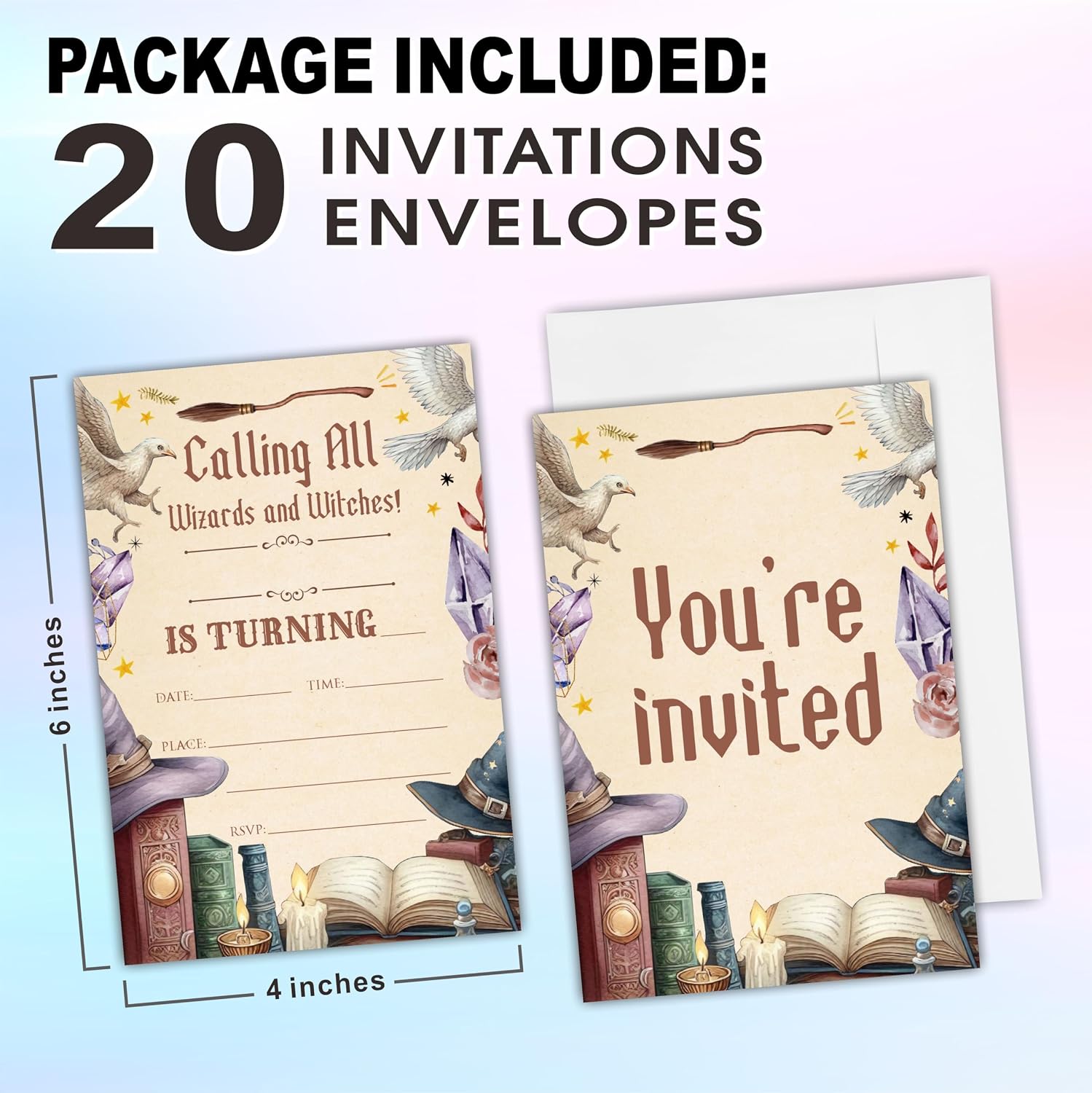 Watercolor Magical Theme Birthday Invitation Cards With Envelopes - Calling All Wizards And Witches - 20 Pcs Double-Sided Fill-In Birthday Invites For Teen, Boys Girls, Party Favor & Decorations - B19