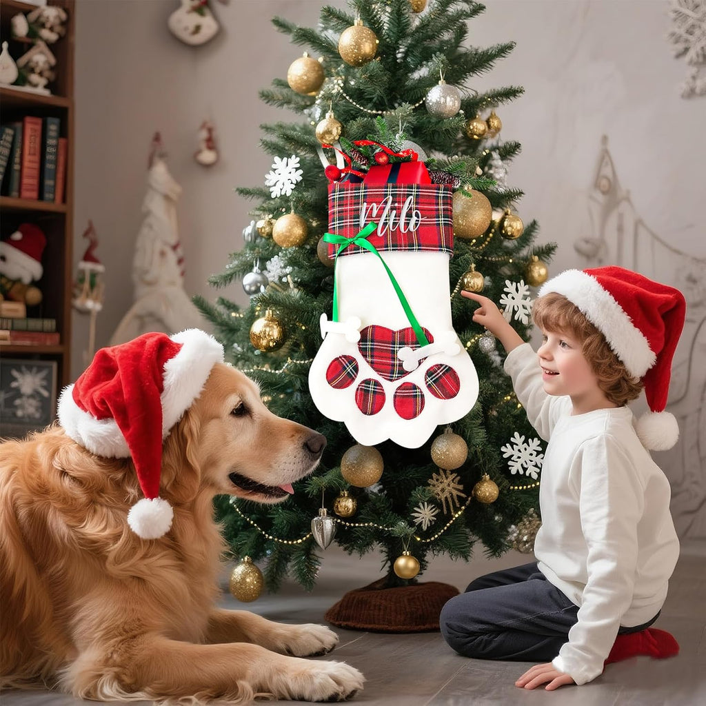 Personalized Christmas Stockings for Dogs and Cats, Custom Paw Shape Stocking Embroidered with Pet Name, Xmas Decorations Family Holiday Fireplace Hanging Stockings (17.3x8.6 in)