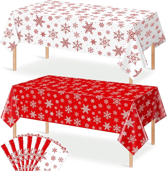 12 Pieces Christmas Snowflake Plastic Party Tablecloth Decorations,54x108 inch Disposable White Red Rectangle Snowflake Xmas Table Cover Backdrop for Winter Christmas Holiday New Year Party Supplies