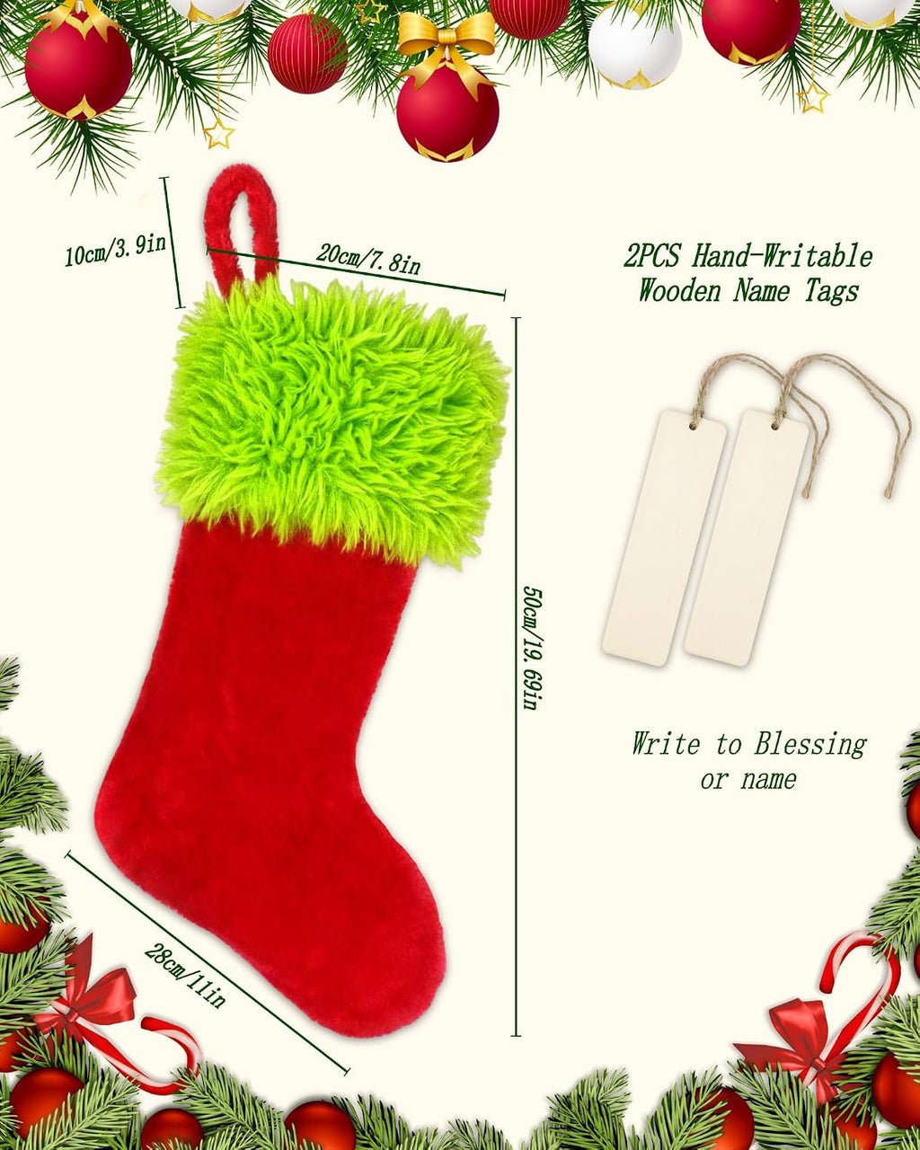 2PCS Christmas Stockings with Names Tag, 20 Inch Green Faux Fur Velvet Personalized Xmas Stockings, Hanging Ornament Large Gift Bags for Fireplace Window Door Tree Christmas Decorations(Red)