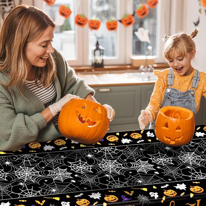 QZYL 12 Pack Halloween Plastic Tablecloth, 54" x 108" Pumpkin Decorations, Spider Webs Pumpkin Design Disposable Table Cloth Tablecover, Halloween Party Decor Dinnerware Indoor