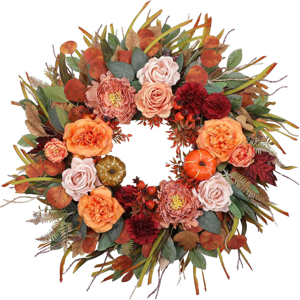 26” fall wreaths for front door, autumn harvest, main product view