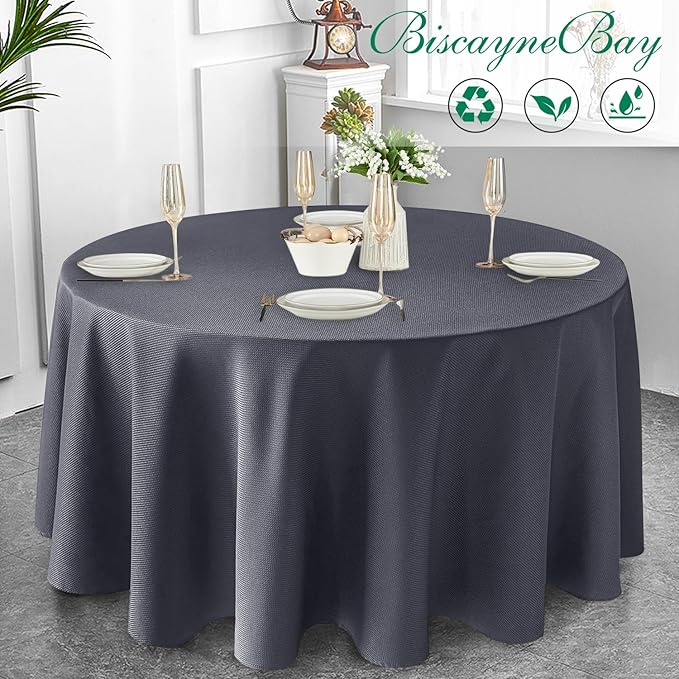Biscaynebay Textured Fabric Round Tablecloths 90", Dark Grey Water Resistant Washable Table Cloths Circle Folding Table Covers Linen for Dining, Kitchen, Wedding, Parties, etc