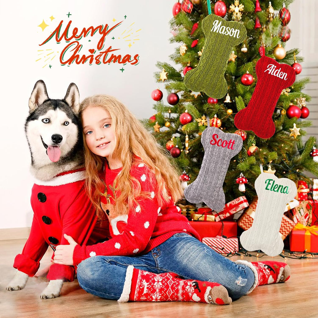1Pc Personalized Dog Christmas Stockings, Custom Embroidered Name Pet Dog Stockings Christmas, Family Knitted Bone Xmas Stocking with Name for Dogs