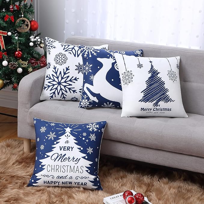 Christmas Pillow Covers 20X20 Set of 4 Navy Blue white Christmas Decorations Merry Christmas Snowflake Throw Pillow Covers Deer Xmas Tree Decor
