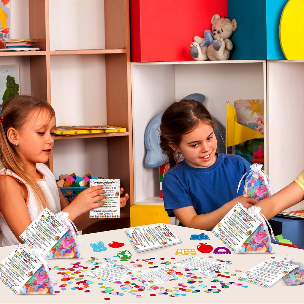 AmazingSpark 24 Sets Ready Confetti Back to School Supplies Magic Jitter Glitter with Poem Cards Organza Bags First Day of School Confetti Anxiety Relief Favor Gifts for Teachers(Classic)