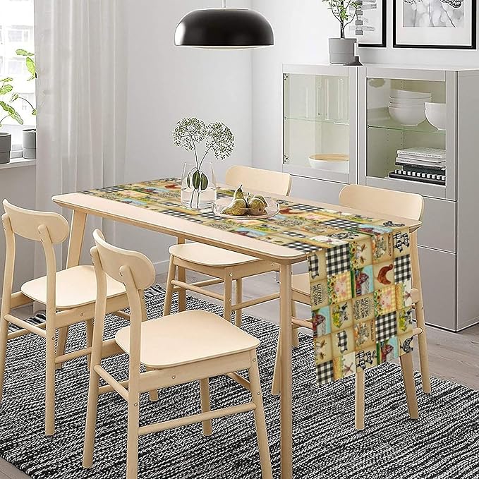 Farmhouse Animals Table Runner,Rustic Cabin Pig Chicken Cow Sunflowers Geometric Grids Burlap for Hotel Indoors Outdoor Dining Room Kitchen Holiday Party, 13x36in