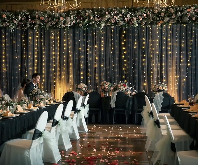 20ft x 10ft Black Tulle Photo Backdrop Curtain with Lights String for Parties Sheer Black Curtain Backdrop for Birthday Party Baby Shower Wedding Photo Booth Photography Background Decorations
