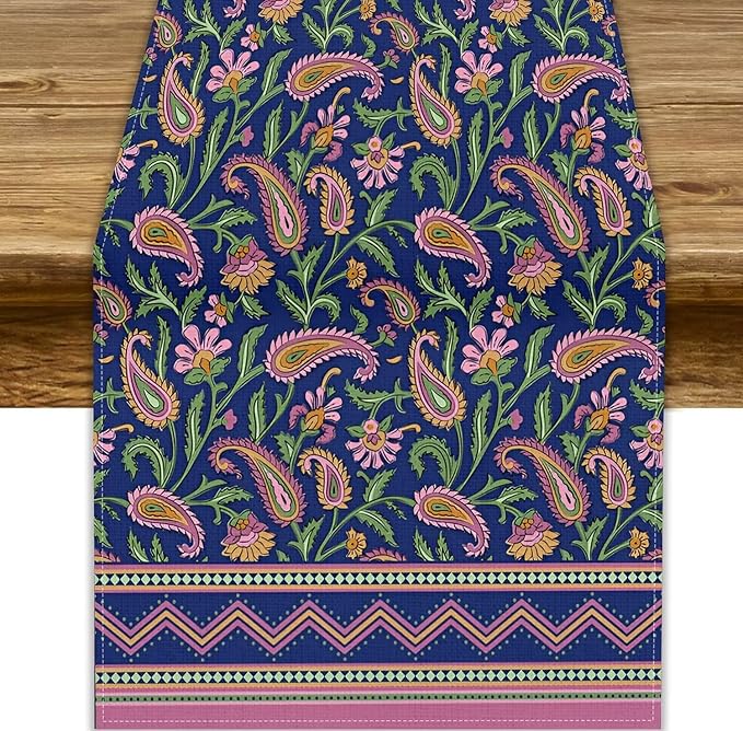 Colorful Paisley Floral Table Runner, Vintage Pink Purple Flowers Green Plants Leaves Print Table Runner for Kitchen Dining Table Indoor Outdoor Home Party, 13x70inch