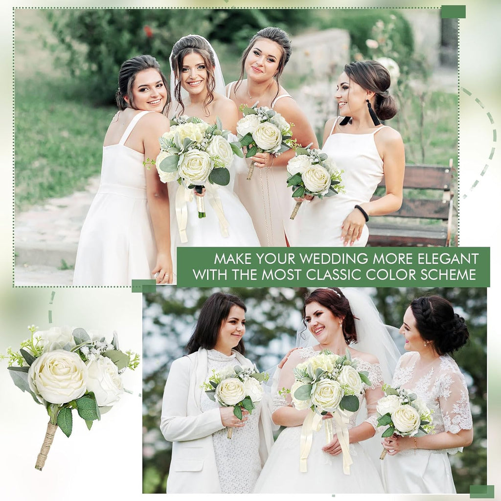 Bridesmaid Bouquets Set of 2 - Ivory White Artificial Flowers Bouquet for Bridesmaids Wedding Small Floral Centerpieces for Marriage Proposal Party Anniversary Dining Table Decor -7 Inch