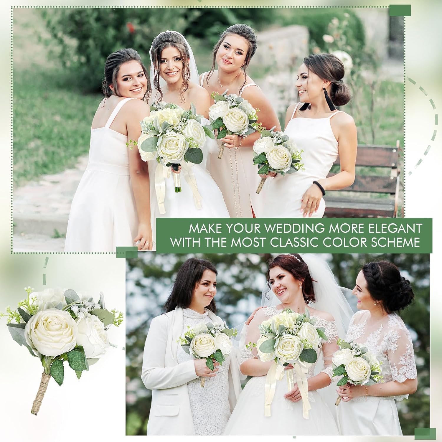 Bridesmaid Bouquets Set of 2 - Ivory White Artificial Flowers Bouquet for Bridesmaids Wedding Small Floral Centerpieces for Marriage Proposal Party Anniversary Dining Table Decor -7 Inch