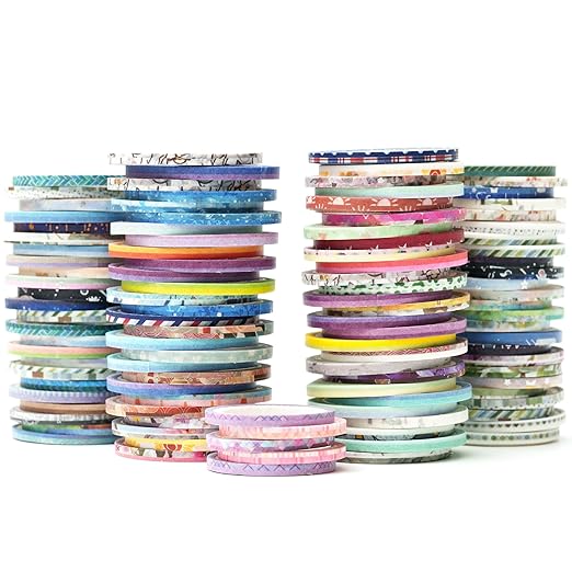 YUBX Exrta Slim Washi Tape Set Random Patterns 80 Rolls+ Bundle Printed Super Skinny Decorative Masking Tape Scrapbook Tape for DIY Craft Art Projects Journal Gift Wrapping (Patterns Printed)