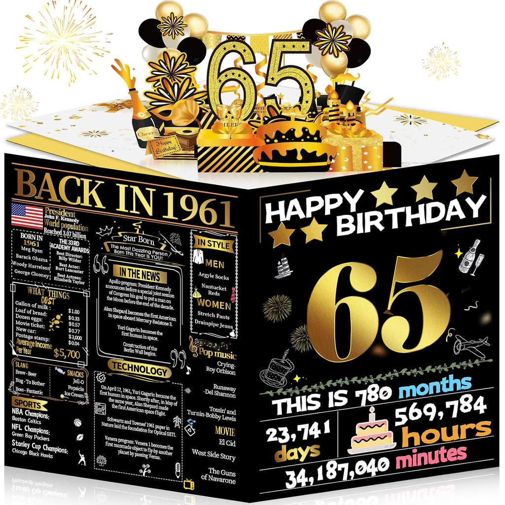 Joycard 65th Birthday Card for Women Men, 3D Pop Up Happy Birthday Gift for Mother Dad, Funny 65 Year Old Birthday Decorations for Wife Husband, Back in 1961 Laser Gold Retro Theme