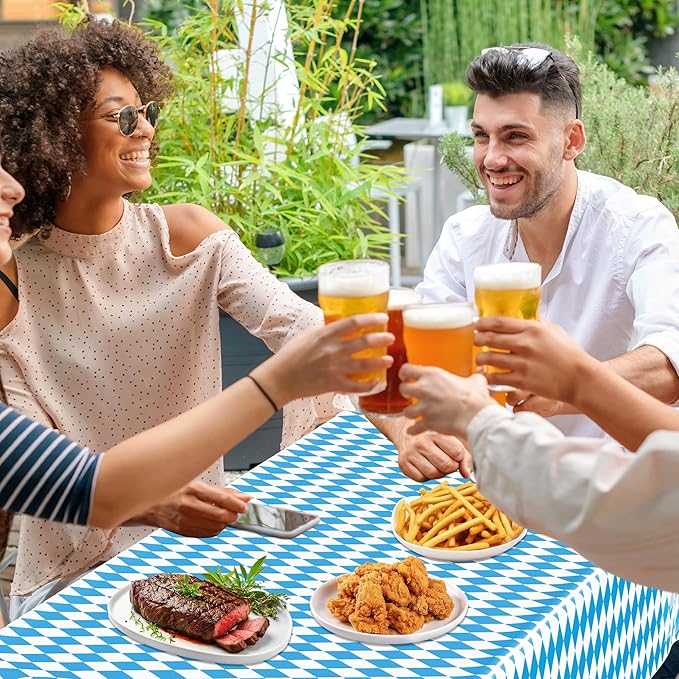 4 PCS Oktoberfest Decoration, 54 X 108 IN Blue White Checkered Plastic Oktoberfest Tablecloth, Disposable Rectangular German Theme Table Supplies, Bavarian Tablecover, Beer Tablecloth for Party Picnic