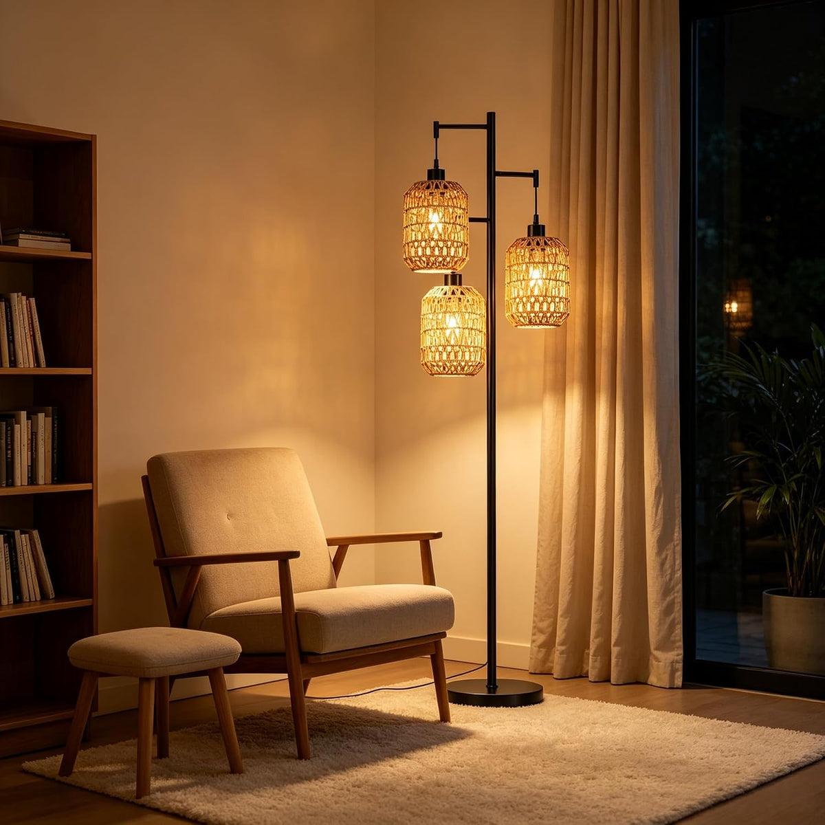 qiyizm floor lamp for living room,bedroom,boho rattan tree shown in use