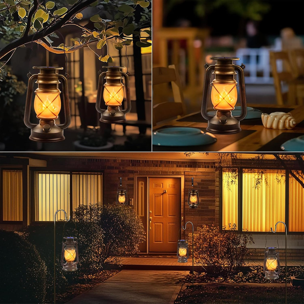 Solar Lanterns Outdoor Waterproof, 2 Pack Bronze Flickering Flame Lights