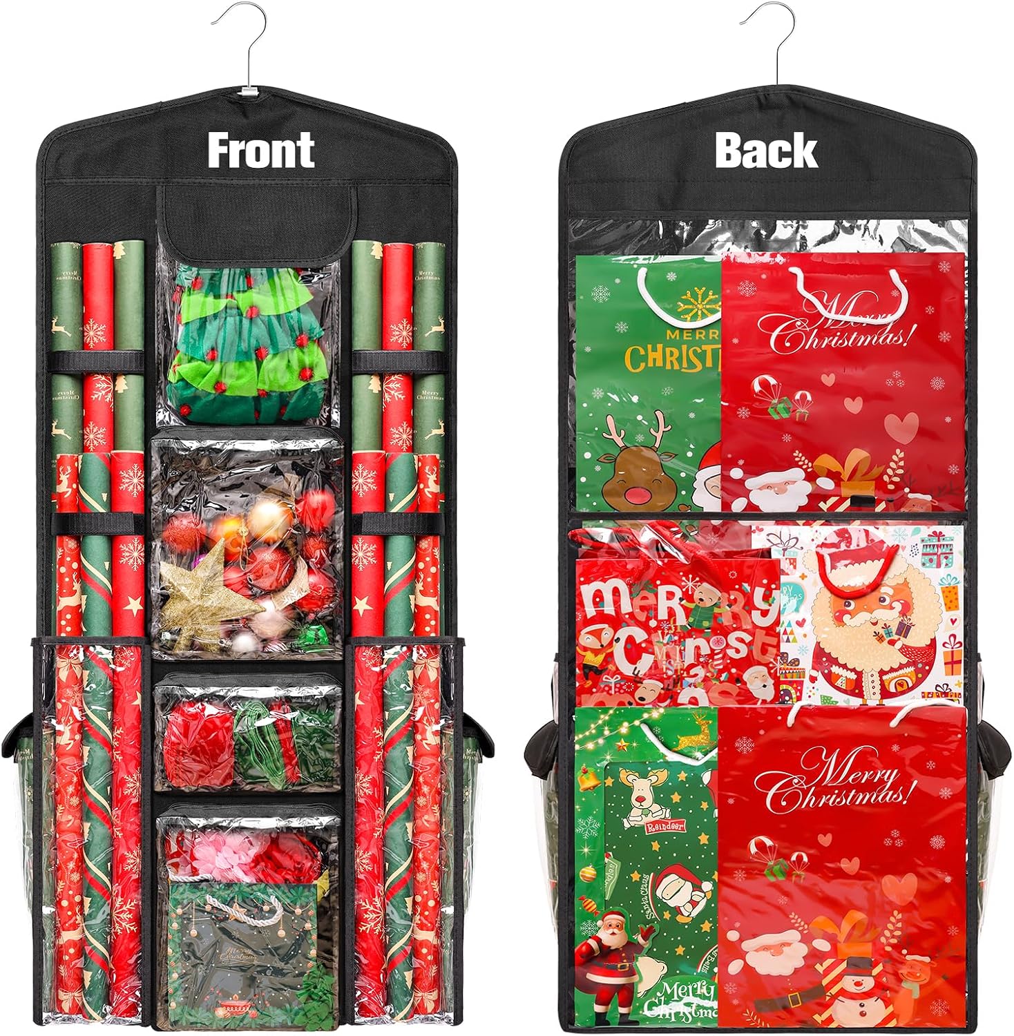 Wrapping Paper Organizer Storage, AHIER Hanging Double-Sided Gift Bag Storage Organizer with Multiple PVC Clear Pockets for Festival Christmas Wrapping Paper Storage(40"x17")