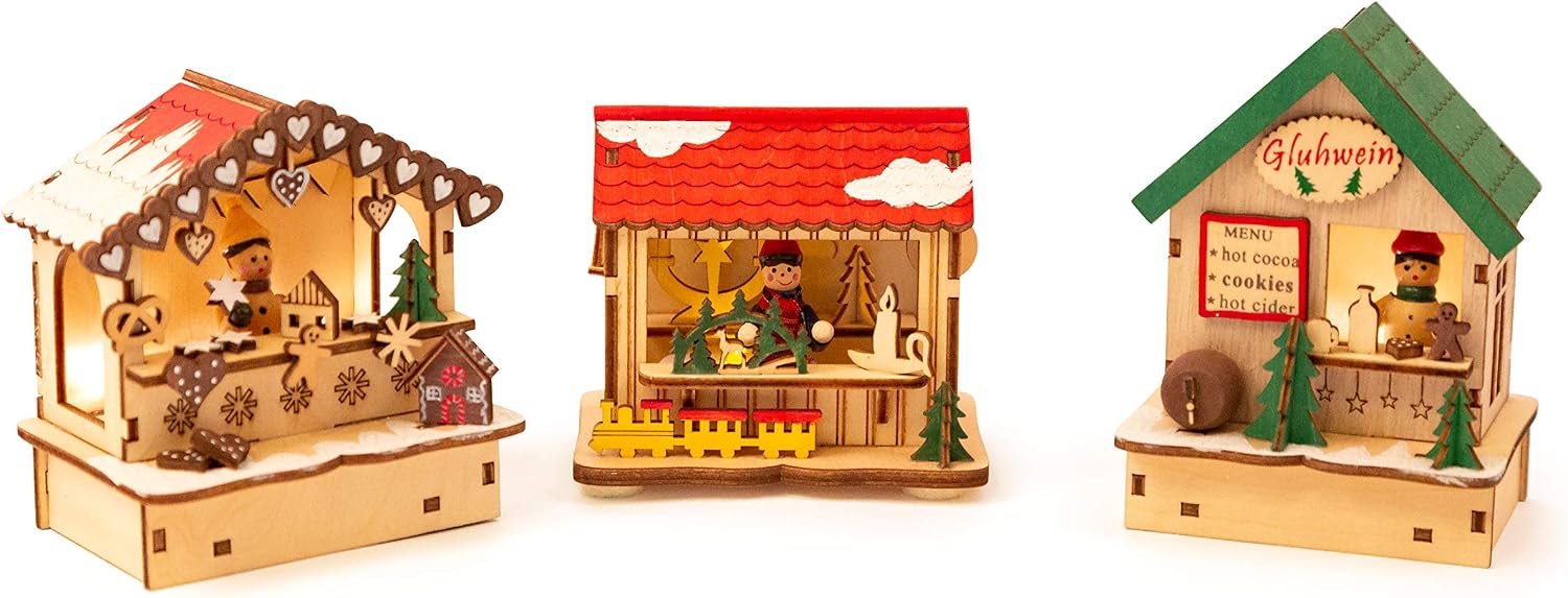 Small Foot 11390 Christmas Market Lamps Set, Made of Wood, Three Wooden Huts with Lights