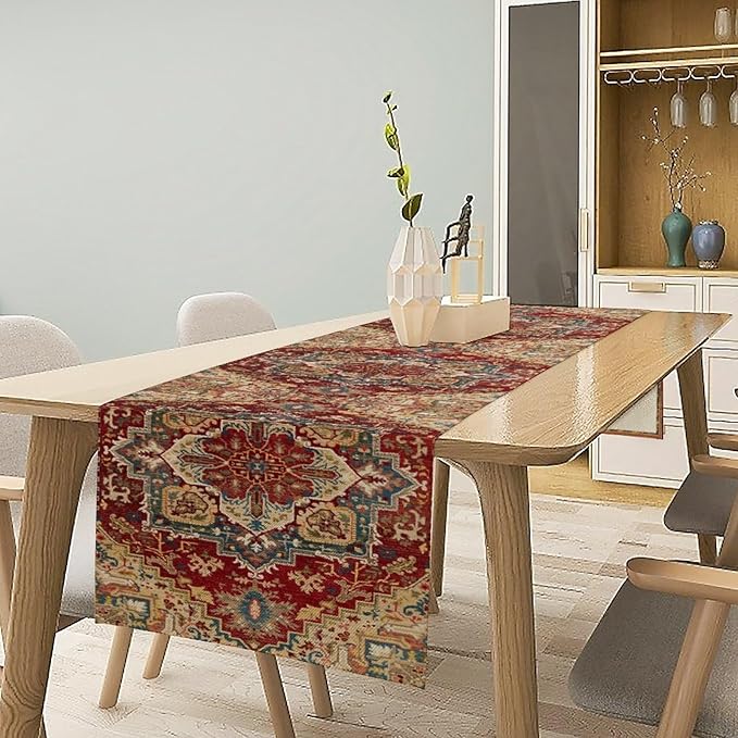 Boho Bohemia Style Table Runner, Vintage Red Brown Retro Flower Rustic Country Style Floral Print Pattern for Home Kitchen Table Decor Dining Coffee Room Garden Party Decor 13x90in