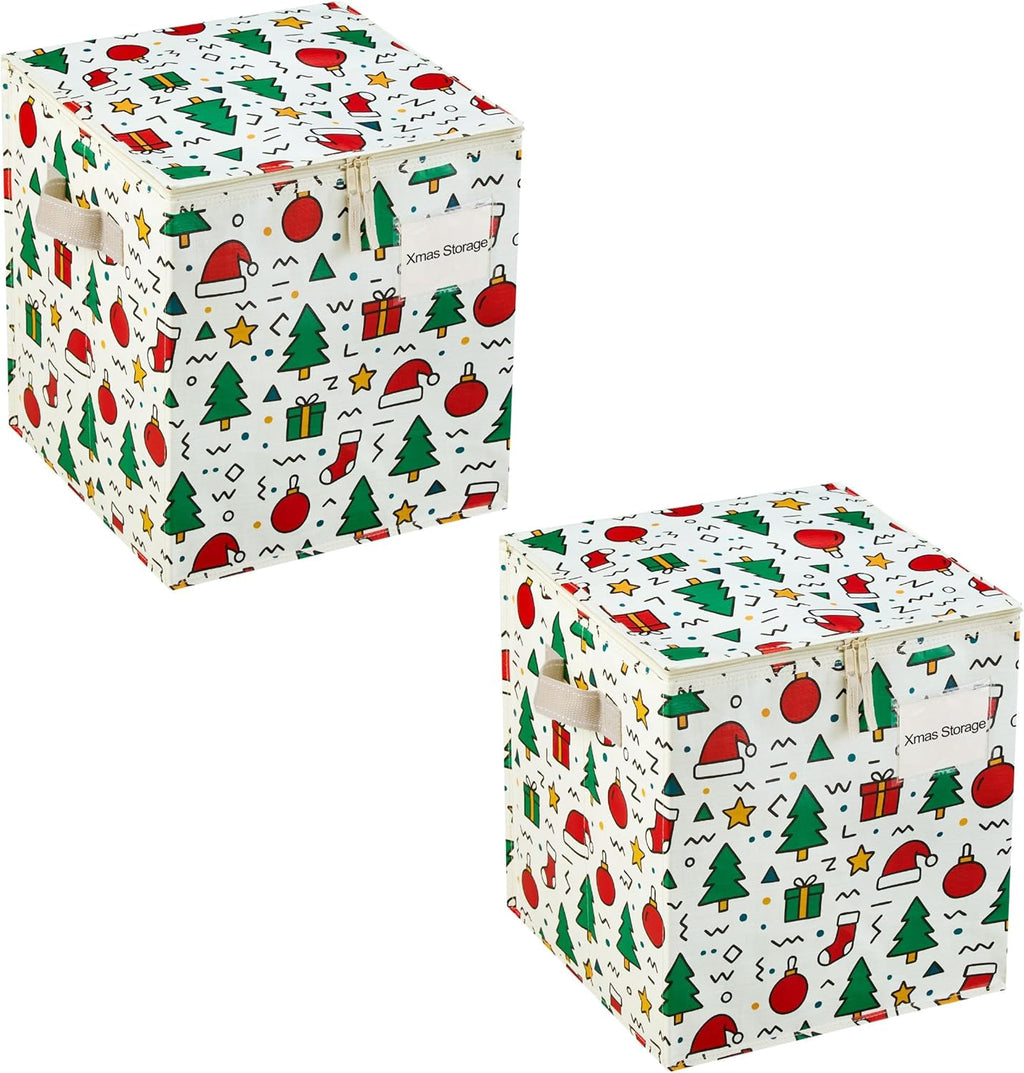 VENO 2 Pack Christmas Ornament Storage Box, Holiday Ornament Organizer with Adjustable Dividers, Sturdy Storage Containers for 64 Ornaments, Zippered Lid & Handles, 3" Cube (Jingle Mix)