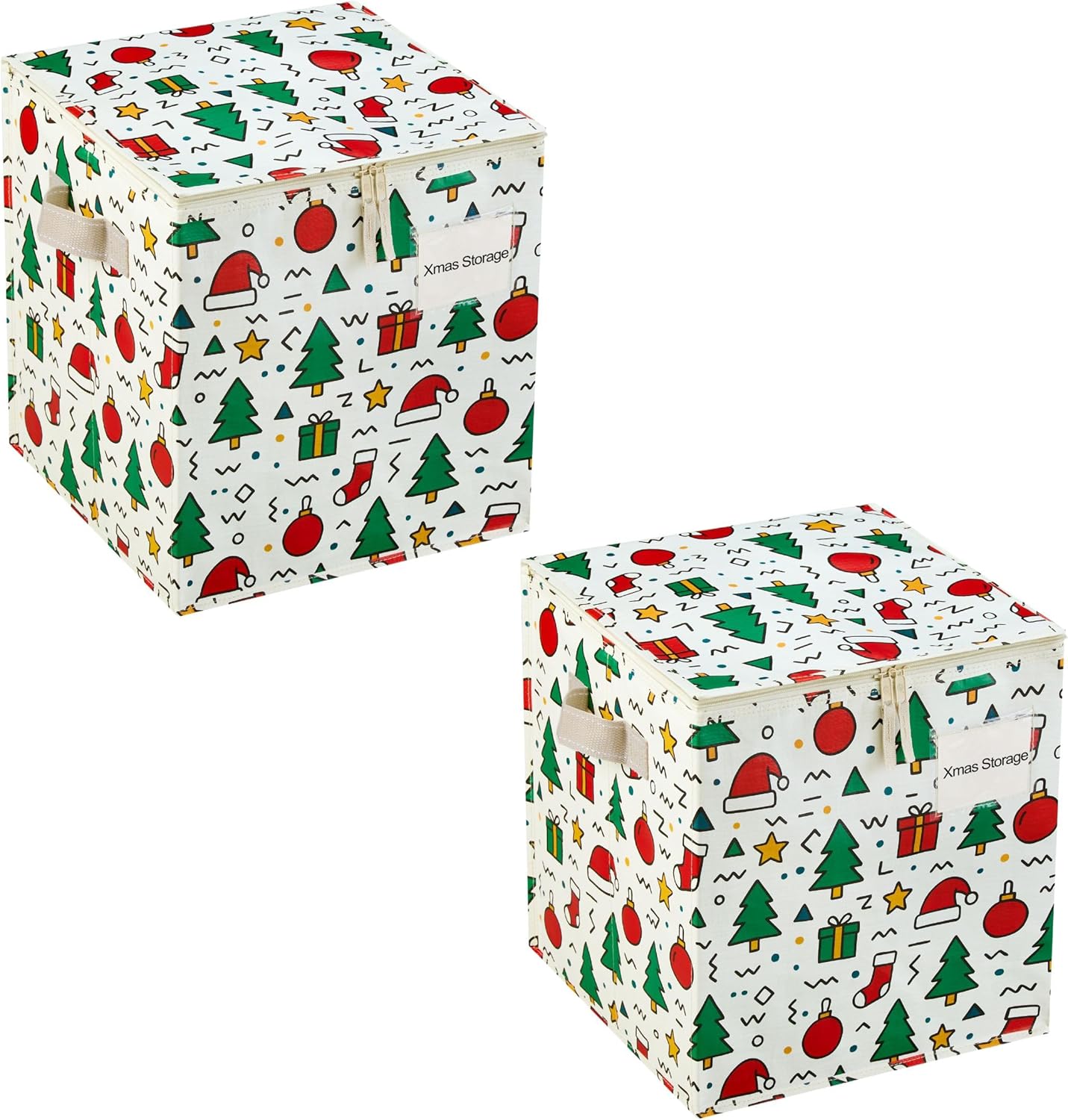 VENO 2 Pack Christmas Ornament Storage Box, Holiday Ornament Organizer with Adjustable Dividers, Sturdy Storage Containers for 64 Ornaments, Zippered Lid & Handles, 3" Cube (Jingle Mix)