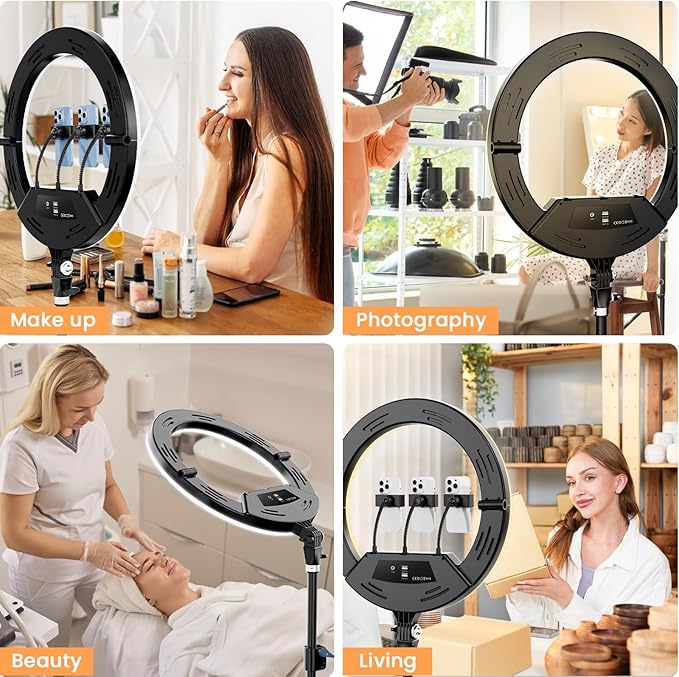 18" Foldable Ring Light with Stand for iPhone ipad, LED Display/2 USB Ports/4 Phone Tablet Holders, 2700-6500K Dimmable Ring Light for Tattoo Barber Makeup Studio Video Recording Photography