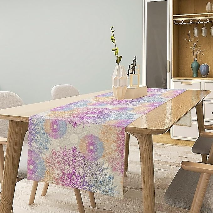 Oriental Mandala Table Runner, Traditional Bohemian Gradiently Purple Pink Blue Mandala Flower Table Runner for Farmhouse Cottage Kitchen Dining Table Decor, 13x36inch