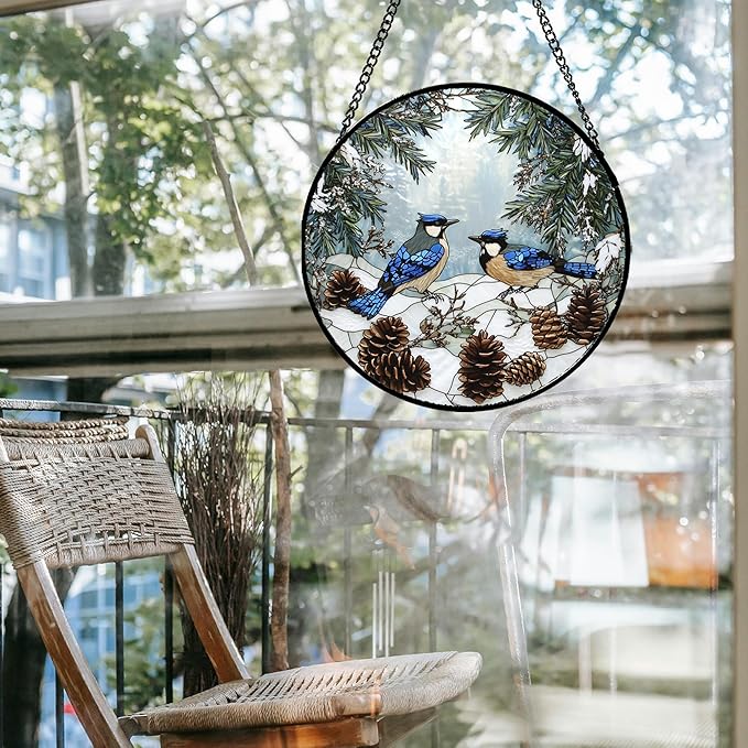 Stained Glass Window Hanging - Blue Bird Winter Forest Landscape Suncatcher for Door Garden Yard Sun Catchers Decor Christmas Mother's Day Birthday Gifts for Women Mom Nana Friend 6.3 in