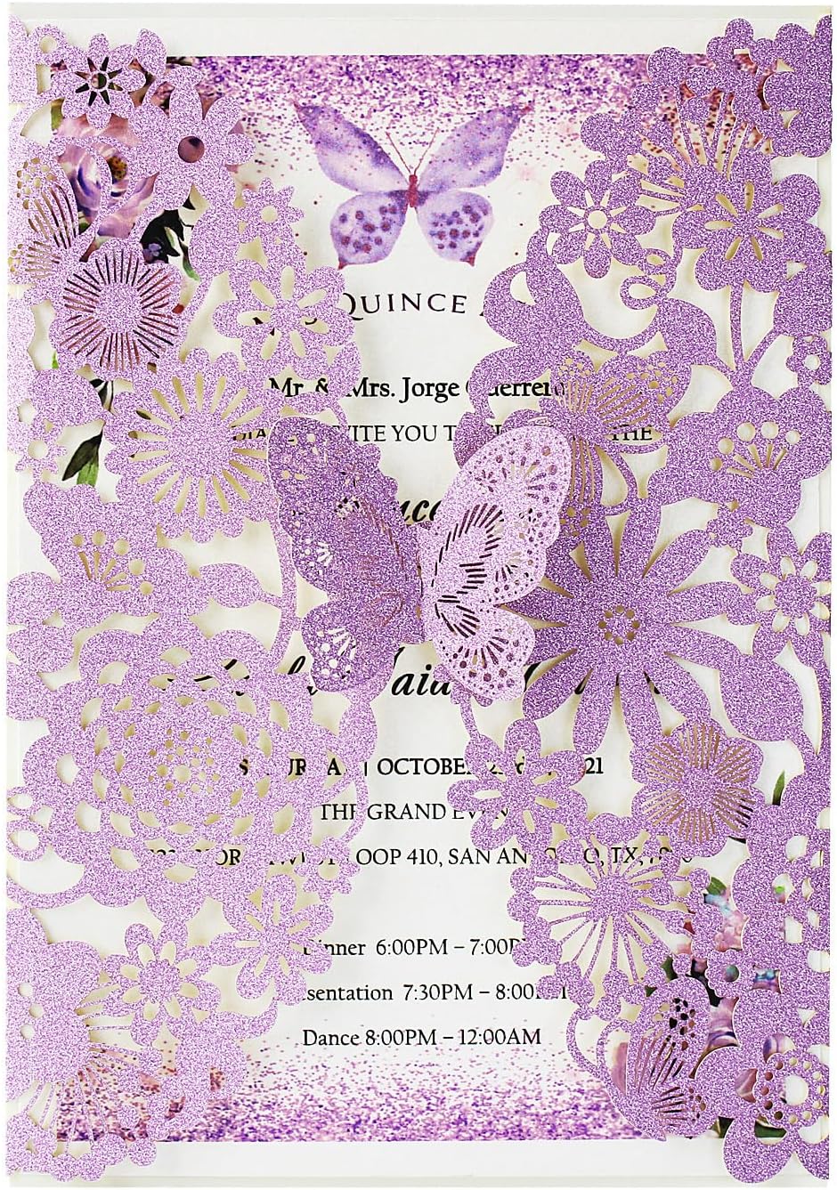 Hosmsua 20PCS 5.12 x 7.3 Blank Purple Quinceanera Invitation Kit with Butterfly Laser Cut Lace Flora Invitations for Wedding Quinceañera Sweet 16 Birthday Wedding Invitation (Purple Glitter)