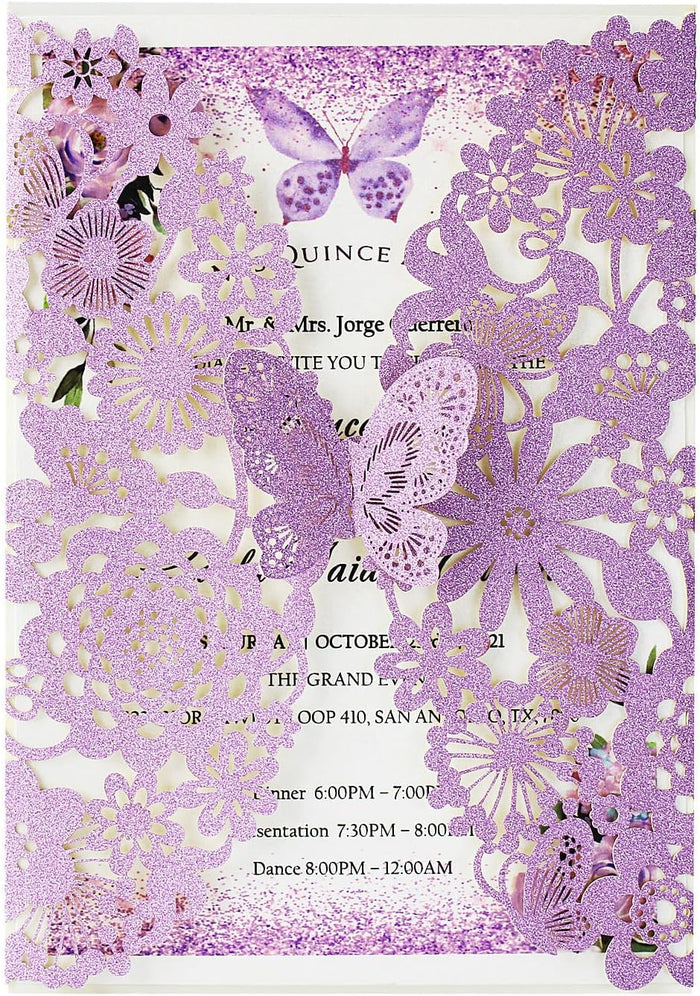 Hosmsua 20PCS 5.12 x 7.3 Blank Purple Quinceanera Invitation Kit with Butterfly Laser Cut Lace Flora Invitations for Wedding Quinceañera Sweet 16 Birthday Wedding Invitation (Purple Glitter)