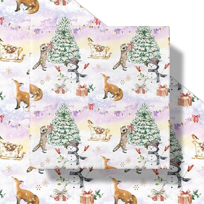 LeZakaa Christmas Reversible Wrapping Paper Roll, Watercolor Winter Forest Design with Fox Raccoon Christmas Tree Snowflake, for Kids Family, Winter Holidays, Mini Roll 17 in x 16.4 Ft