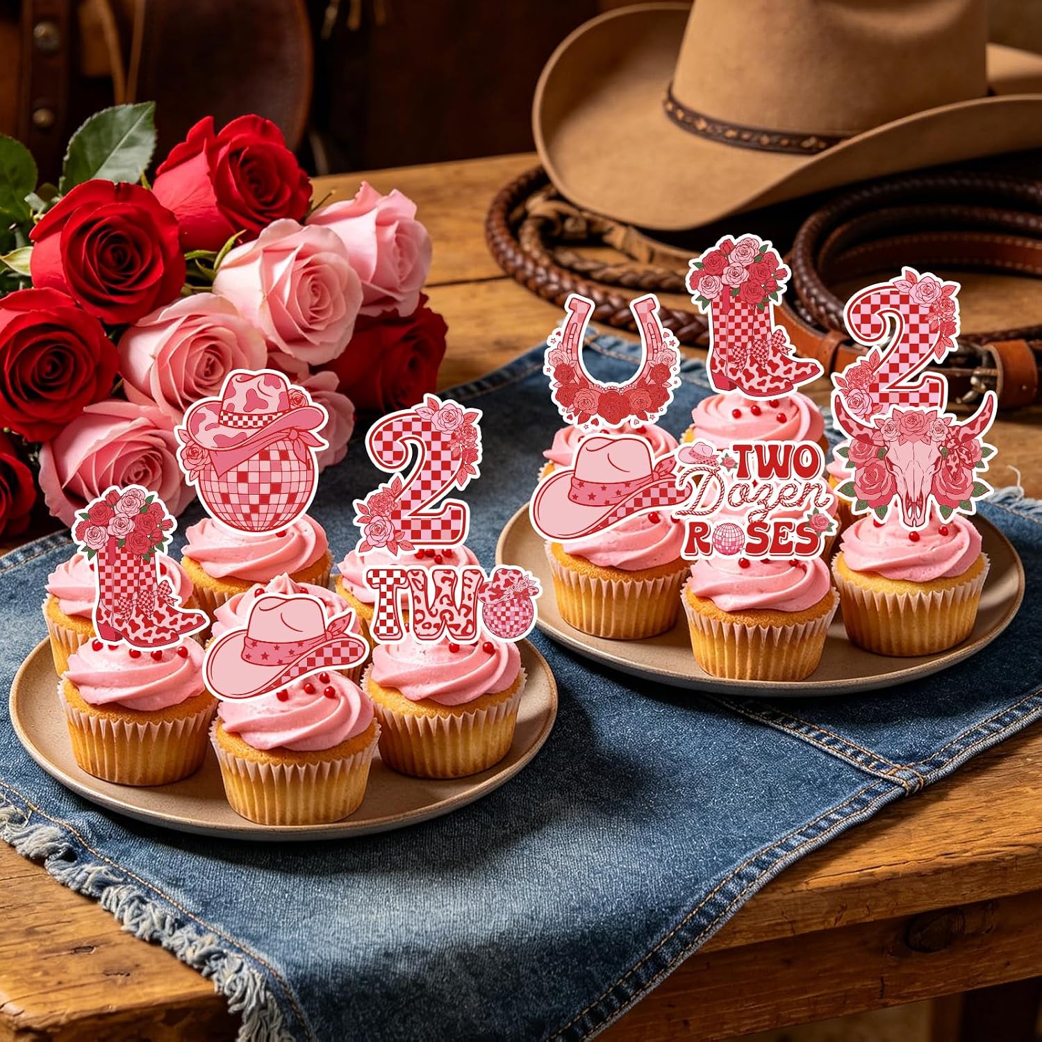 Two Dozen Roses 2nd Birthday Theme Decorations, 40PCS 2nd Birthday Cupcake Toppers Party Decorations for Girl, Pink Floral Western Cupcake Picks Table Decor Supplies