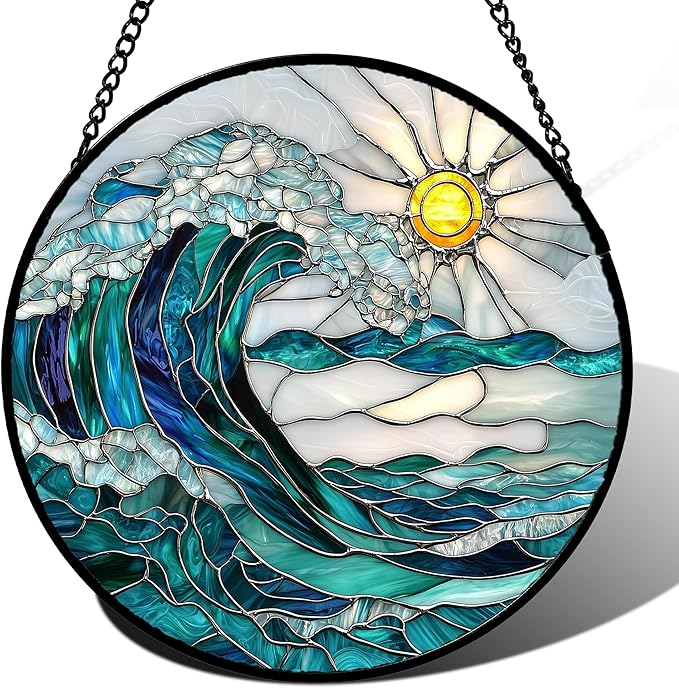 Stained Glass Window Hanging - Blue Green Waves Suncatcher for Door Terrace Garden Home Decor Sunrise Over The Sea Sun Catcher Birthday Gifts for Lovers Women Men Dad Mom Nana7.8 in