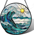 Stained Glass Window Hanging - Blue Green Waves Suncatcher for Door Terrace Garden Home Decor Sunrise Over The Sea Sun Catcher Birthday Gifts for Lovers Women Men Dad Mom Nana7.8 in