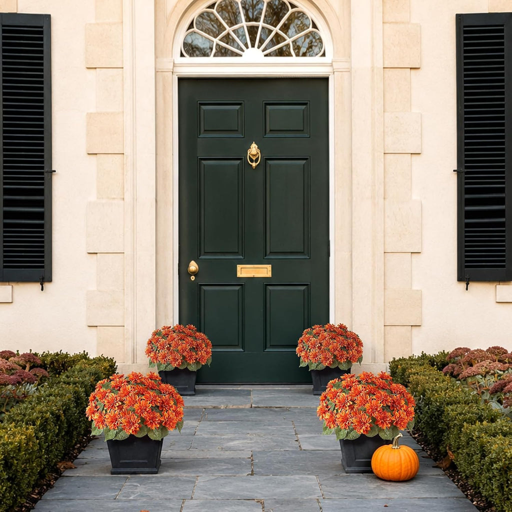 VIERENA 2 Set of Fall Artificial Dahlia Topiary Ball Trees - Fake Silk Dahlia Flower Bushes, UV Resistant Faux Floral Shrub Potted for Front Door Porch Farmhouse Outdoor Autumn Decor (Orange)