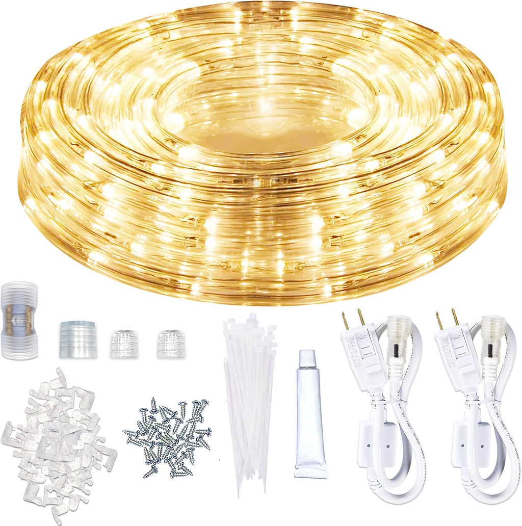 SURNIE LED Rope Lights Outdoor Warm White, Waterproof 50FT Cuttable 3000K Lighting Indoor 110V Connectable Flexible Electric Lights for Christmas Trees Bedroom Outside Patio Decor, Not Flat Strip