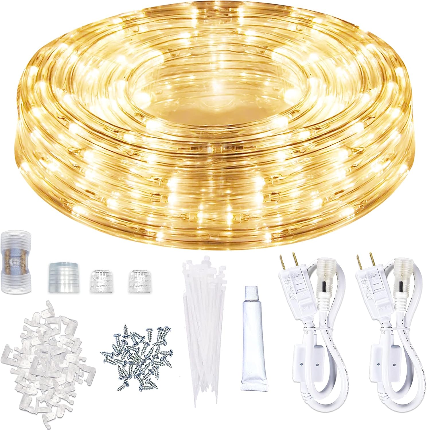 SURNIE LED Rope Lights Outdoor Warm White, Waterproof 50FT Cuttable 3000K Lighting Indoor 110V Connectable Flexible Electric Lights for Christmas Trees Bedroom Outside Patio Decor, Not Flat Strip