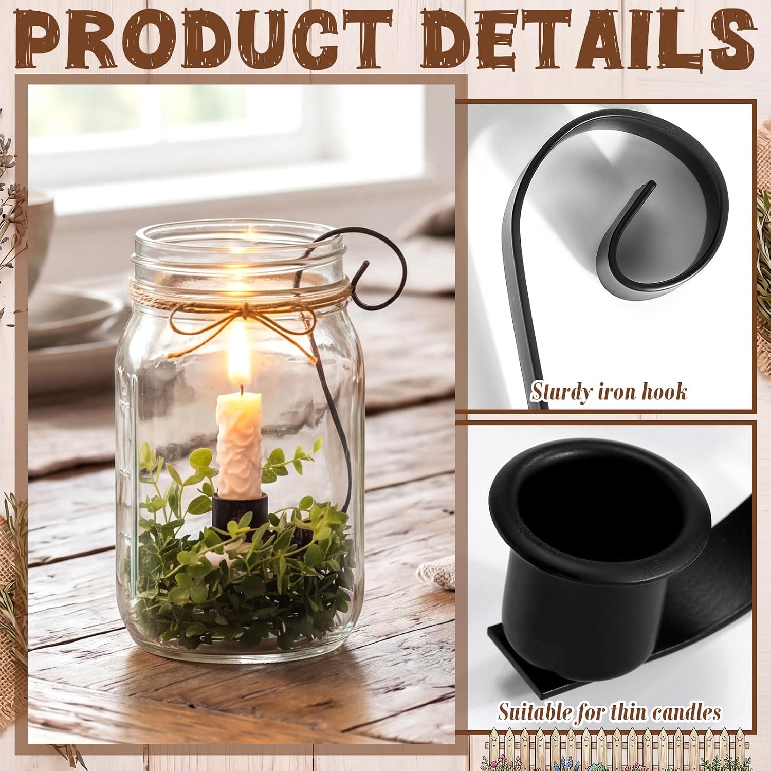 Mason Jar Taper Candle Holder Insert, 2 Pack Farmhouse Iron Hook Candle Holders for 2qt Jars, Rustic Vintage Wedding Table Centerpiece, Fall Home Decor Fit Glass Vases(2 x 6)