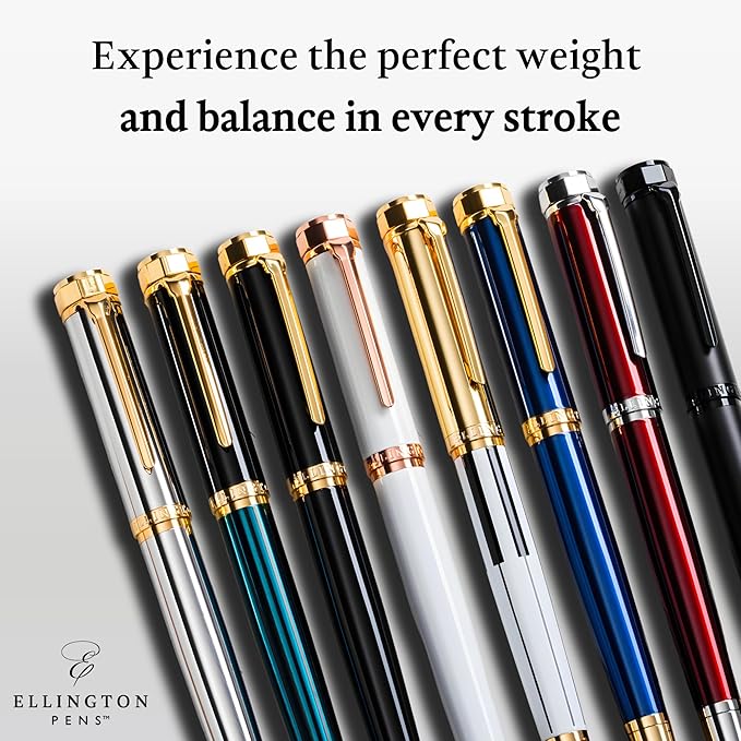 Ellington Pens Luxury Fountain Pen Set- Fountain Pens for Writing - Smooth Medium Nib - Includes Refillable Ink Converter, 3 Ink Cartridges [Black & Blue], Gift Box - Elegant Calligraphy