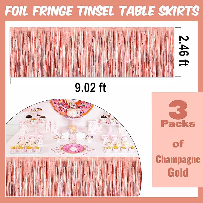 3 Pack 29 x108 Inch Rose Gold Foil Fringe Table Skirts Metallic Banner for Tinsel Streamer Garland Backdrop for Parade Floats Mother's Day, Graduate, Birthday, Wedding Party Decoration