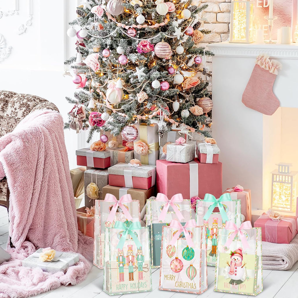 Aliceset 12 Pcs Pink Christmas Clear Gift Bags with Die Cut Handles Nutcracker Christmas Gift Bags with Ribbon 3 Assorted Pastel Styles for Holiday New Year Party Presents Giving Wrapping, 10x7x3.15''