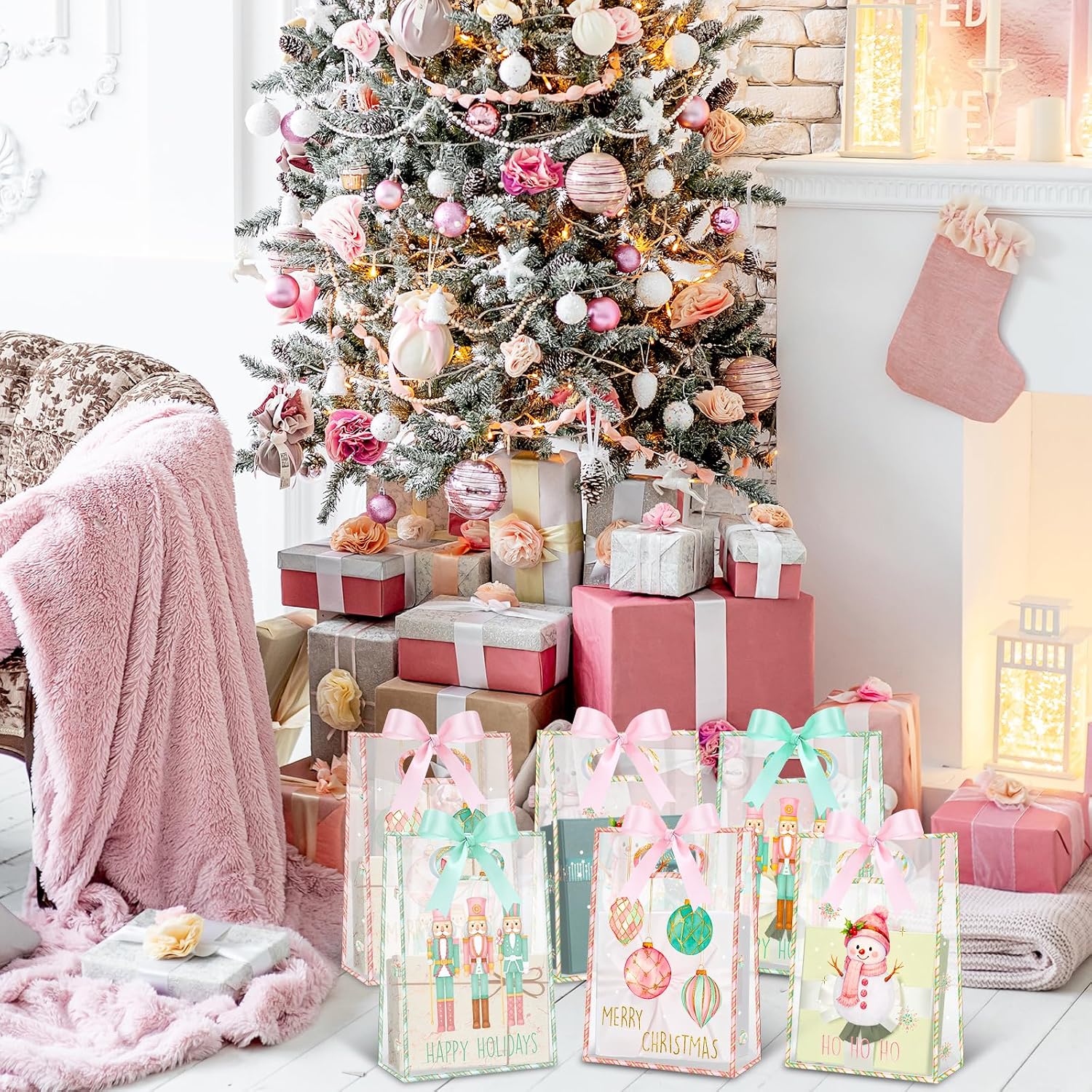 Aliceset 12 Pcs Pink Christmas Clear Gift Bags with Die Cut Handles Nutcracker Christmas Gift Bags with Ribbon 3 Assorted Pastel Styles for Holiday New Year Party Presents Giving Wrapping, 10x7x3.15''