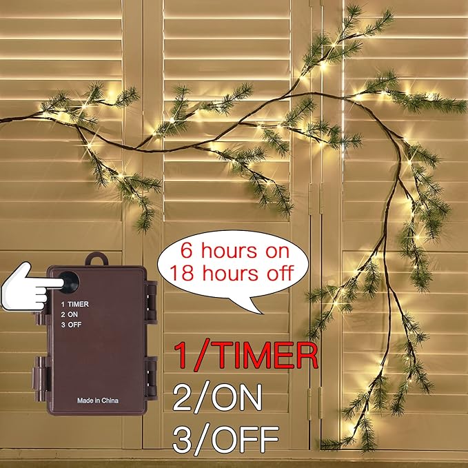 Fudios Lighted Christmas Pine Garland 6FT 48 Warm White LED Battery Operated with Timer for Mantle Fireplace Holiday Winter Decoration Indoor Outdoor Use