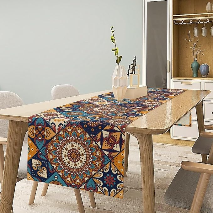 Vintage Mandala Table Runner, Bohemian Brown Blue Tile Traditional Indian Flowers Table Runner for Kitchen Dining Table Office Wedding Party Holiday Home Decor, 13x70inch