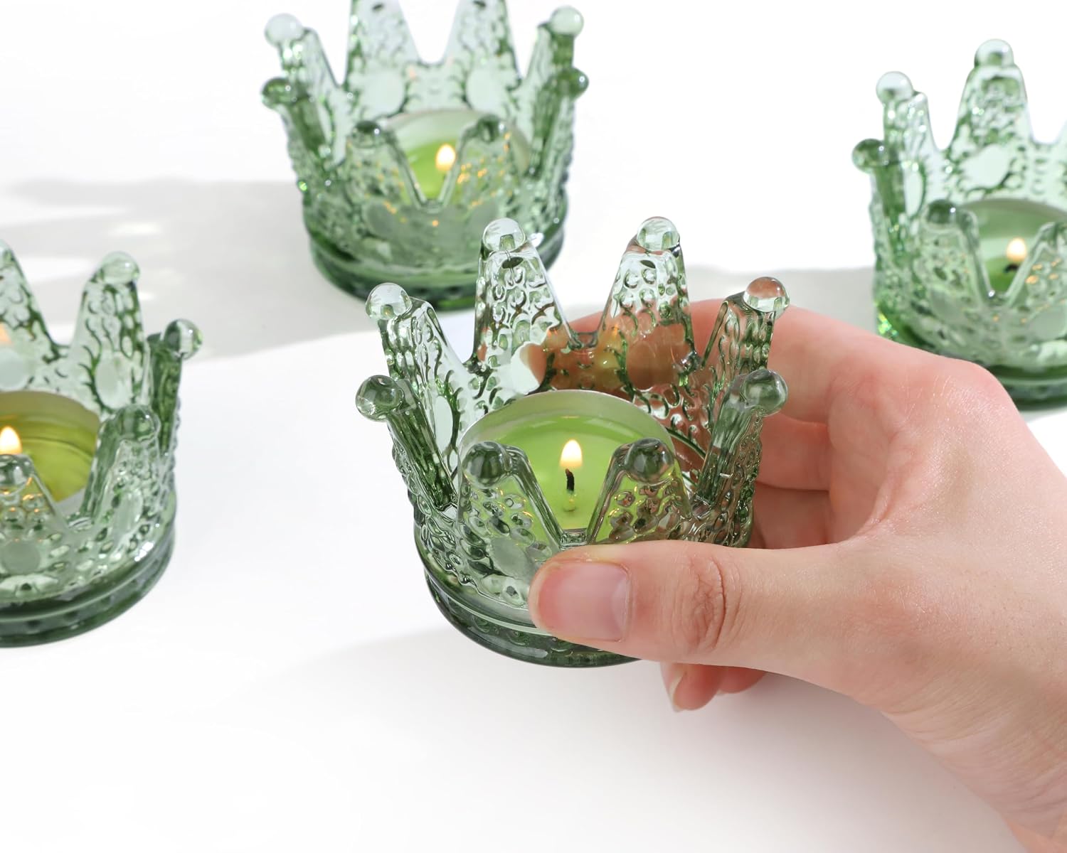 Vixdonos Votive Candle Holders Set of 6 Crown Glass Tealight Candle Holder for Wedding, Party and Home Decor(Green)