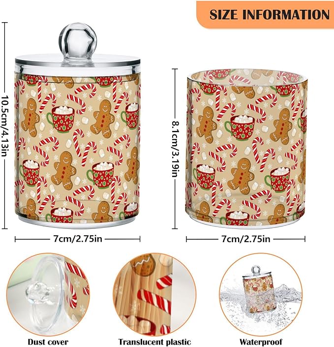 Gredecor Qtip Holder Dispenser 2 Pack Cute Gingerbread Men Snowflakes Candy Bathroom Decorative Storage Canister Holder Counter Vanity Organizer for Cotton Ball Swabs Pads Floss