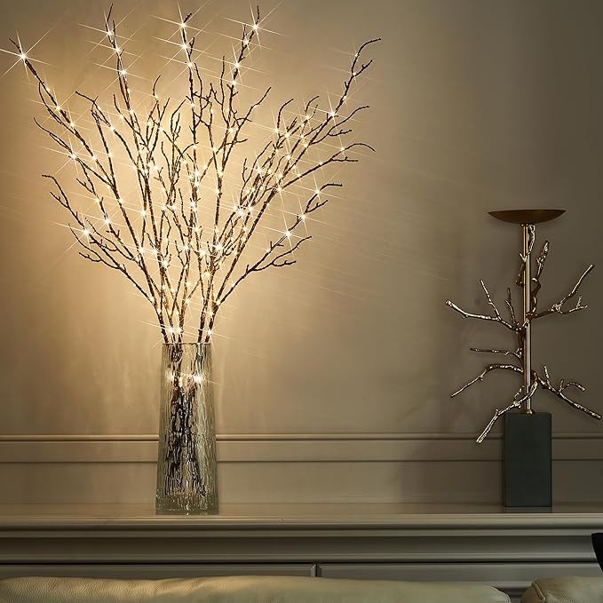 BAOLITVINE Lighted Branches Brown 32IN 200 Warm White Fairy Lights, Lighted Willow Branches with Timer, Dimmer for Home Bedroom Fireplace Christmas Decoration Inside Outdoor