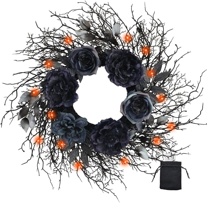 22 Inch Pre-Lit Black Twig Halloween Wreath for Front Door
